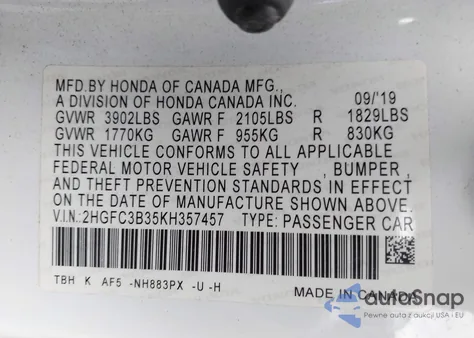 2019 Honda Civic Ex z USA, uszkodzony, nr VIN 2HGFC3B35KH357457